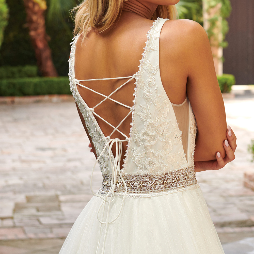 Glamorous Fit Flare Swiss Dot Wedding Dress with A Plunging V-Shaped Neckline And Sheer Beaded Waistband