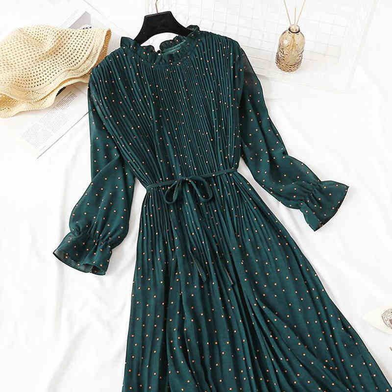 LoveFlowerLife Female Casual Flare Sleeve Office Chiffon Dot Print Dresses A-line Vintage Sweet Elegant Polka Dot Women Dress 210521