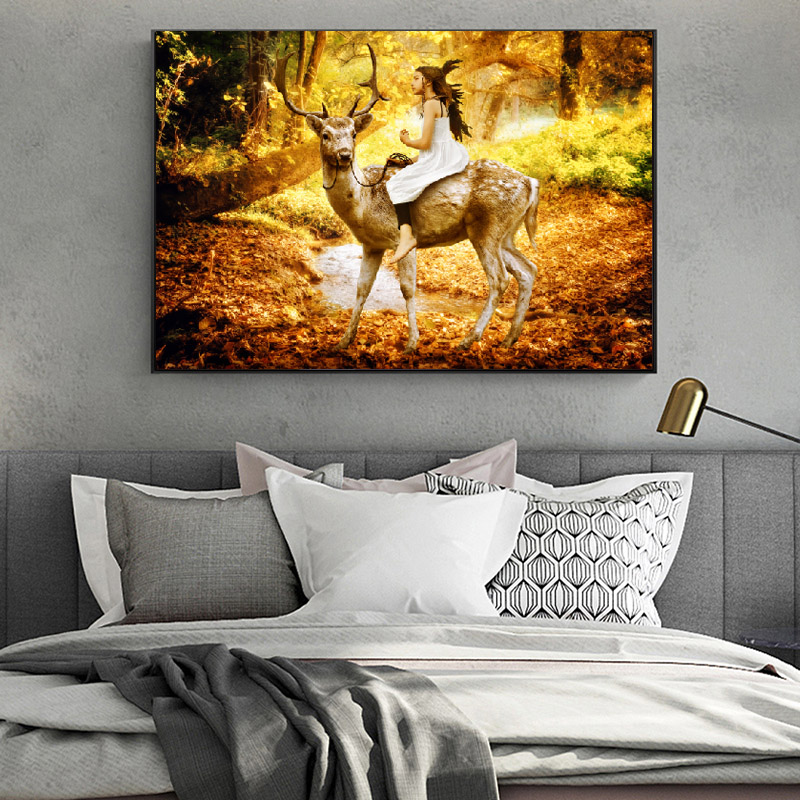 Deer And Girl Picture Wall Art Canvas Painting Abstract Animal Poster HD Print For Living Room Bedroom Decoration Cuadros