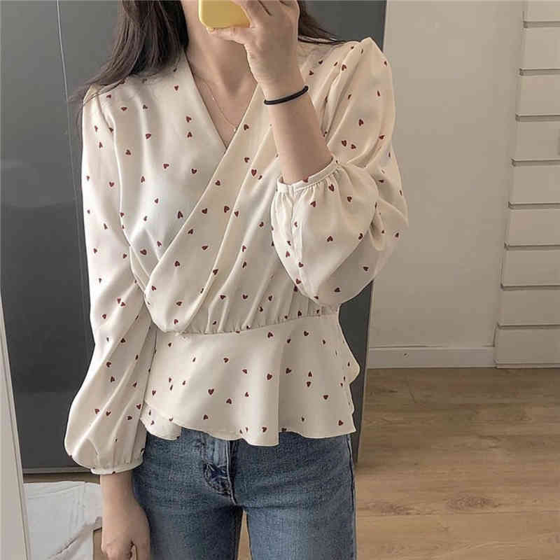 plus size Girls Long Sleeve Summer Shirt V neck Black apricot Shirts Womens Tops and Blouses Print Chiffon Blouse Women 210417Z