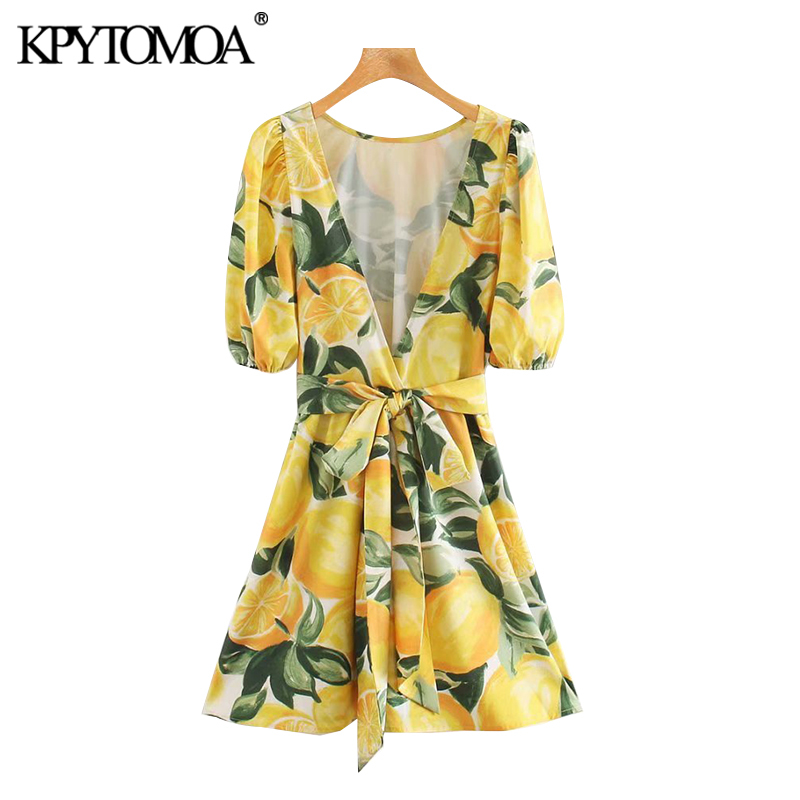 Women Chic Fashion Fruit Print With Belt Mini Dress Bacless Puff Sleeves Female Dresses Vestidos Mujer 210420