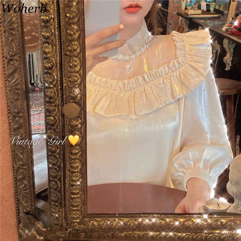 Elegant Glitter Blouse Women Ruffle Patch Turtleneck Long Puff Sleeve Blusas Casual All Match Beading Shirt Chic Top 210519
