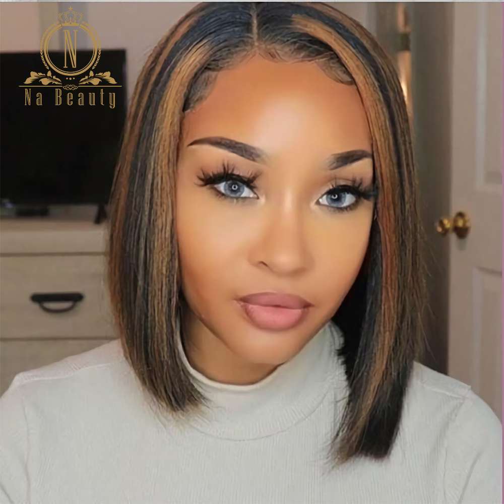 Free shipping Highlight Lace Front Wig Ombre Brown Colored Brazilian Short Bob Human Hair for Women Pre plucked Synthetic Wigs