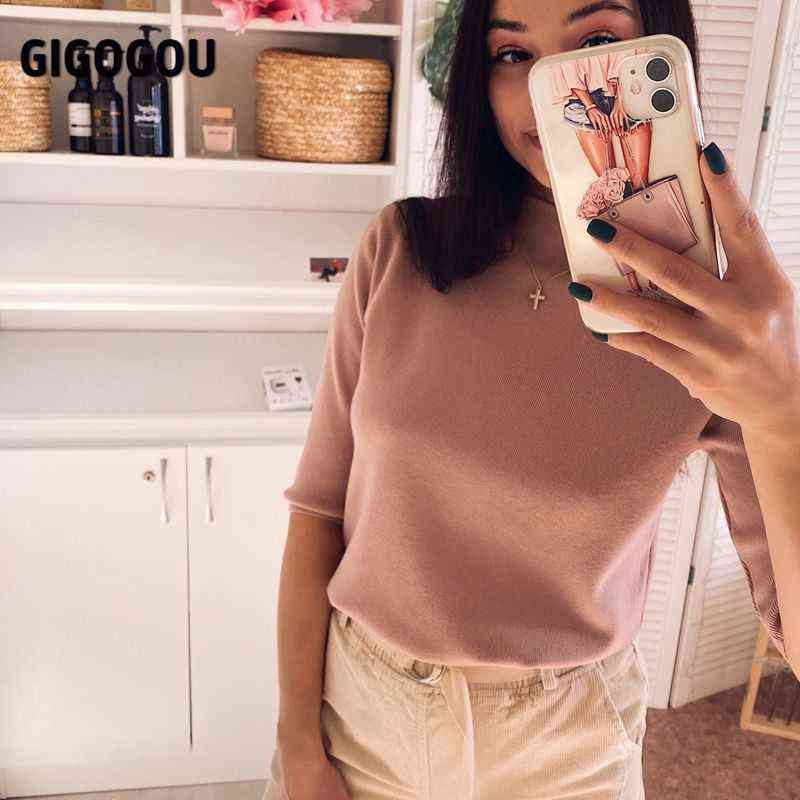 GIGOGOU Spring Autumn Women Sweater Solid Half Sleeve Knitted Pullovers Top Fall Chic Female Jumper Jersey Shirt Pull Femme 211109