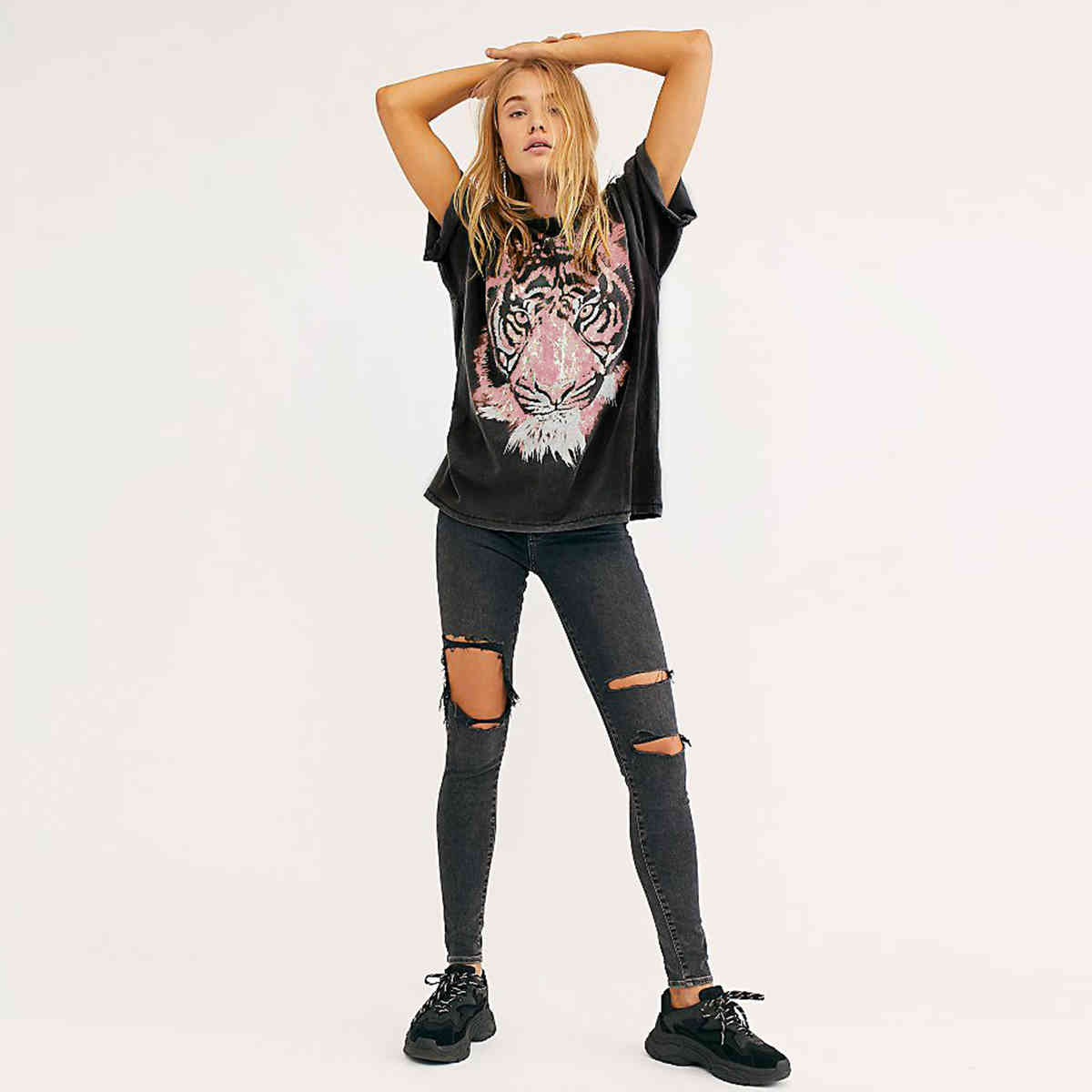 Jastie Oversized Tiger Tee Graphic Women T-Shirt Cotton Loose Slouchy tee shirts O-Neck Pullover Short Sleeve Summer tshirt Top 210406