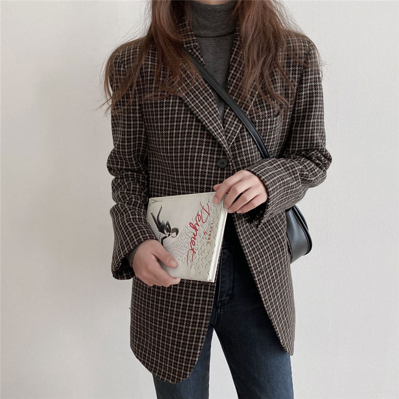 Jacket Plaid Minimalist Women Loose OL Elegant Plus Woolen Vintage Stylish Blazers High Street Coats 210421