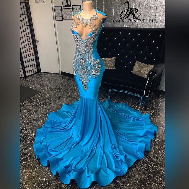 2021 Plus Size Arabic Aso Ebi Blue Luxurious Mermaid Prom Dresses Beaded Crystals Sheer Neck Evening Formal Party Second Reception Gowns ZJ322