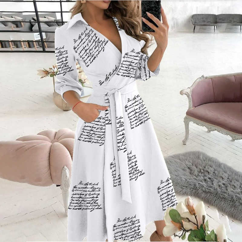 Women Dresses Summer Dot Letter Print V-Neck Three Quarter Sleeve Belt Irregular Dress Elegant Office Lady Casual Wear 210630