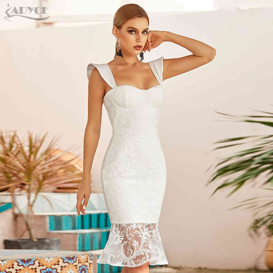 Summer Women White Lace Mermaid Bandage Dress Sexy Sleeveless Sequin Ruffles Celebrity Runway Party Bodycon 210423