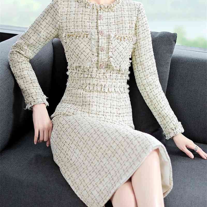 Runway Dress Women Winter Long Sleeve Beading Plaid Straight Tweed Woolen Vestidos 210520