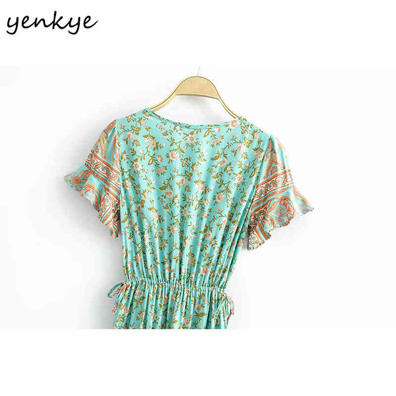 YENKYE Floral Print Holiday Summer Boho Dress Women V Neck Short Sleeve Drawstring Waist A-line Casual Long Maxi Dress Vestido 210515