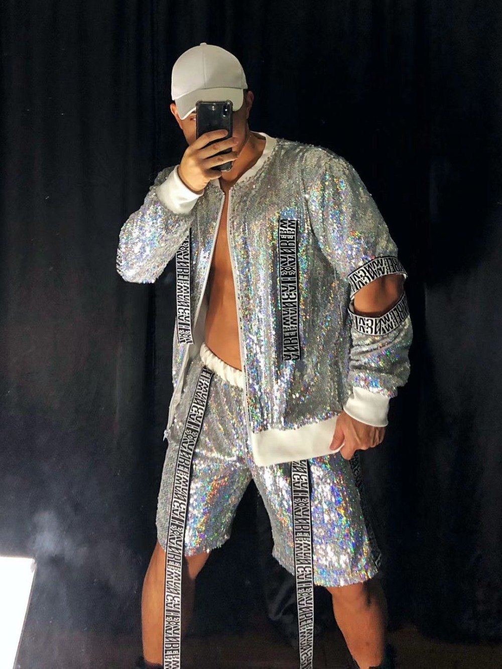 Men's Loose Silver Two-piece Set Hip Hop Dance Stage Wear Fashion Hollow Out Shiny Sequins Jacket Pants Baseball Suit Nightclub Tide Jazz Rock Pe