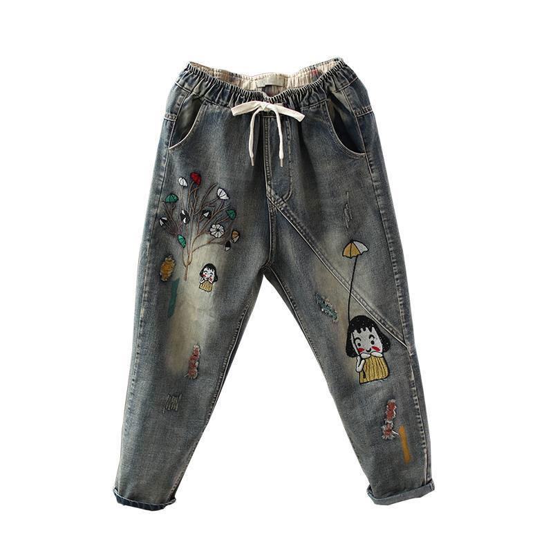 Spring Fashion Women Jeans Elastic Waist Loose Embroidery Cotton Denim Harem Pants Casual vintage Patched D109 210512