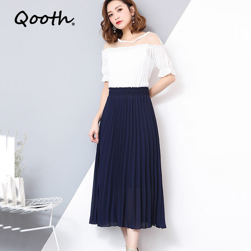 Qooth Chic Elegant Spring Summer Chiffon Midi Pleated Skirts Elastic High Waist Calf Length Long Bottoms With Half Lining QT194 210518, Black 
Qooth Chic Elegant Spring Summer Chiffon Midi Pleated Skirts Elastic High Waist Calf Length Long Bottoms With Half Lining QT194 210518, Black