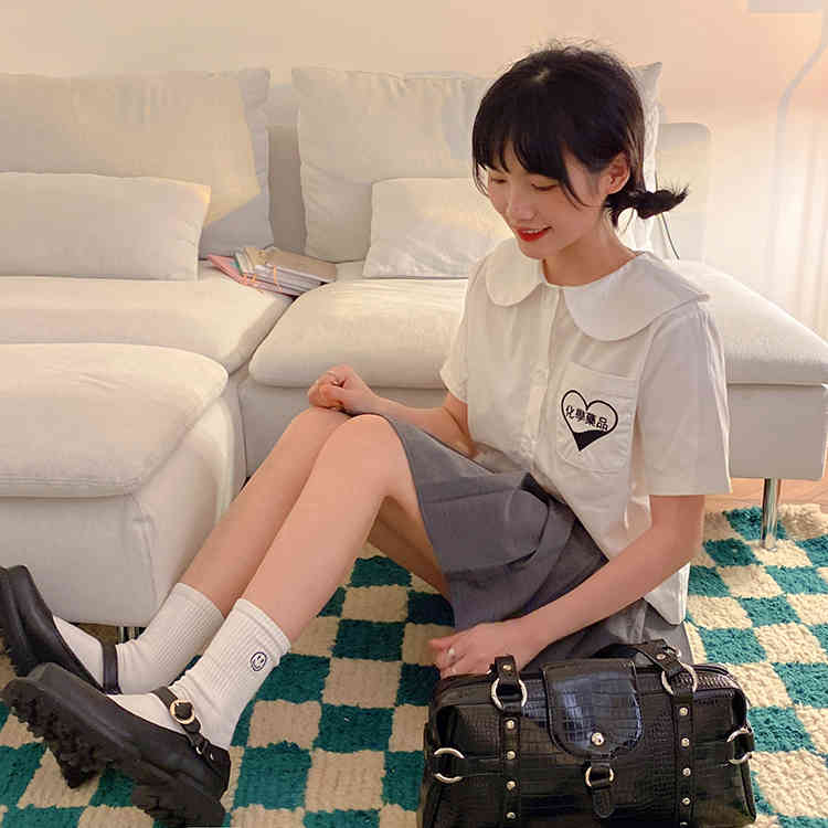 korean style embroidery Pocket short sleeve blouse women White blouses loose summer tops (F4299) 210423