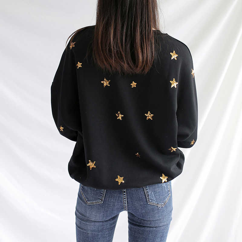 PERHAPS U Women Autumn Winter Crew Neck Black Star Sequined Bling Sweatshirts Pullovers Casual H0037 211019