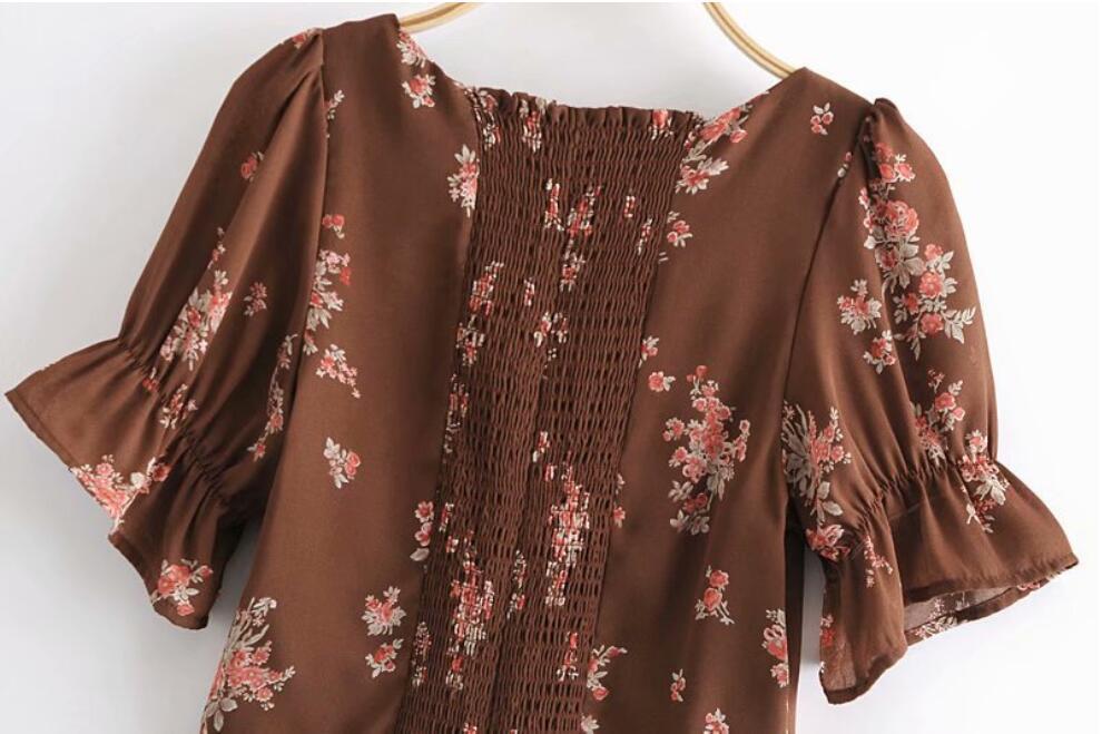 Vintage France Back Elastic Ruched Coffee Floral Print Shirt Bow Crop Tops Women Chiffon Short Puff Sleeve Blouse 210429