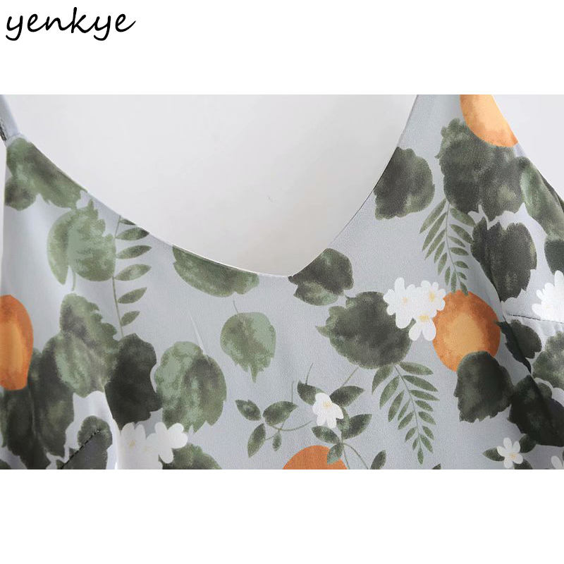 Vintage Lemon Leaves Print Sexy Sling Dress Women Sleeveless V Neck Hem Slits Mini Robe Holiday Summer Chiffon 210430