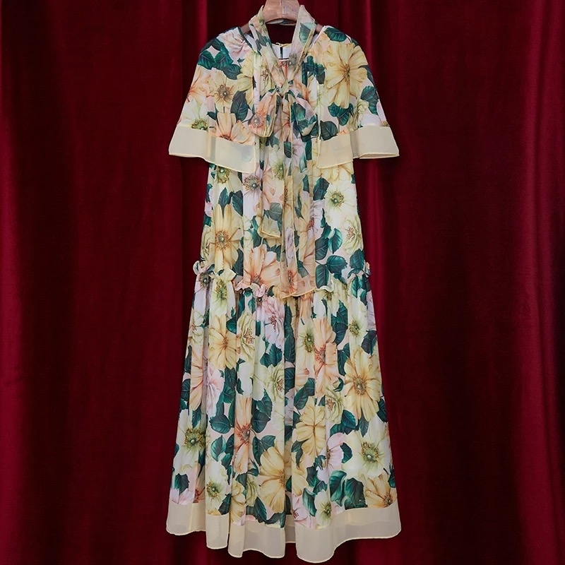 vintage yellow flower printed O-neck ruffles midi ruched summer spring dress women femme dresses robe boho mujer vestidos 210421