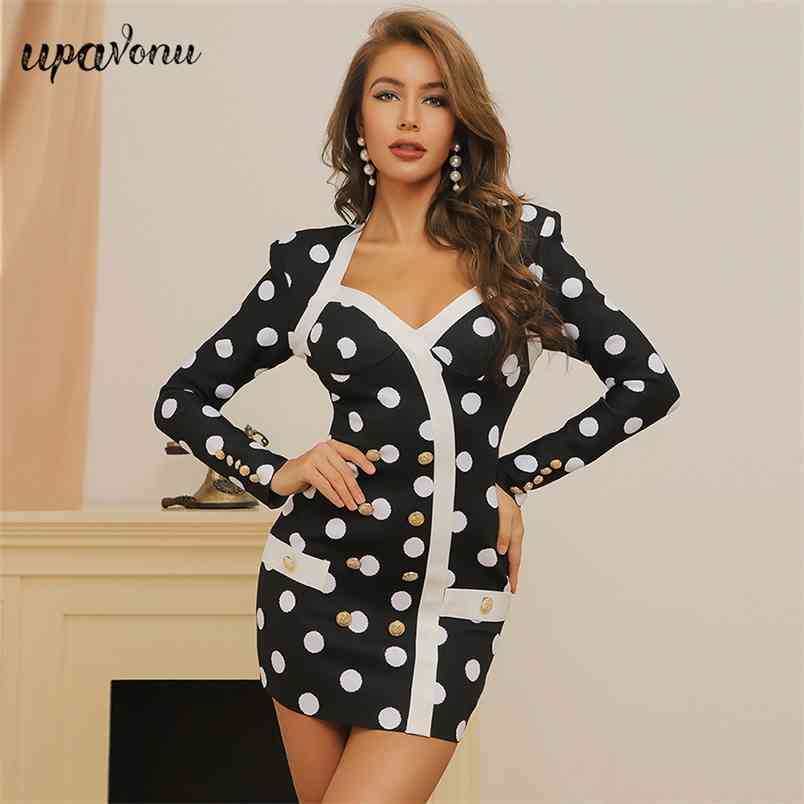 Free Polka Dot Knit Dress Sexy V-neck Long Sleeve Double Breasted Bodycon Mini Evening Party Vestido 210524