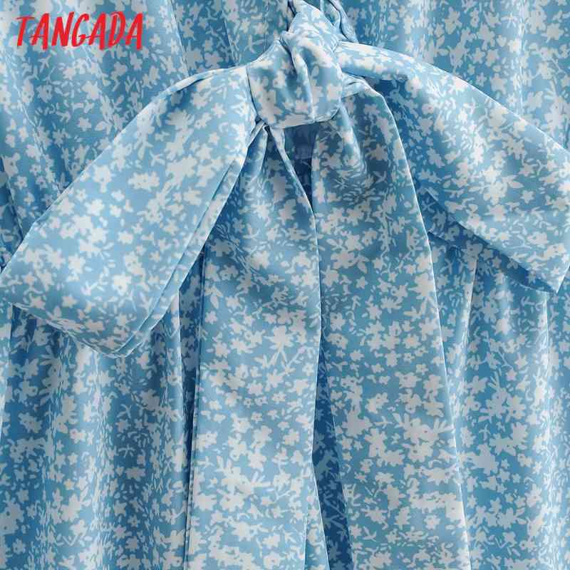 Summer Women Blue Floral Bow V Neck Short Sleeve Ladies Mini Dress Vestidos 1F115 210416
