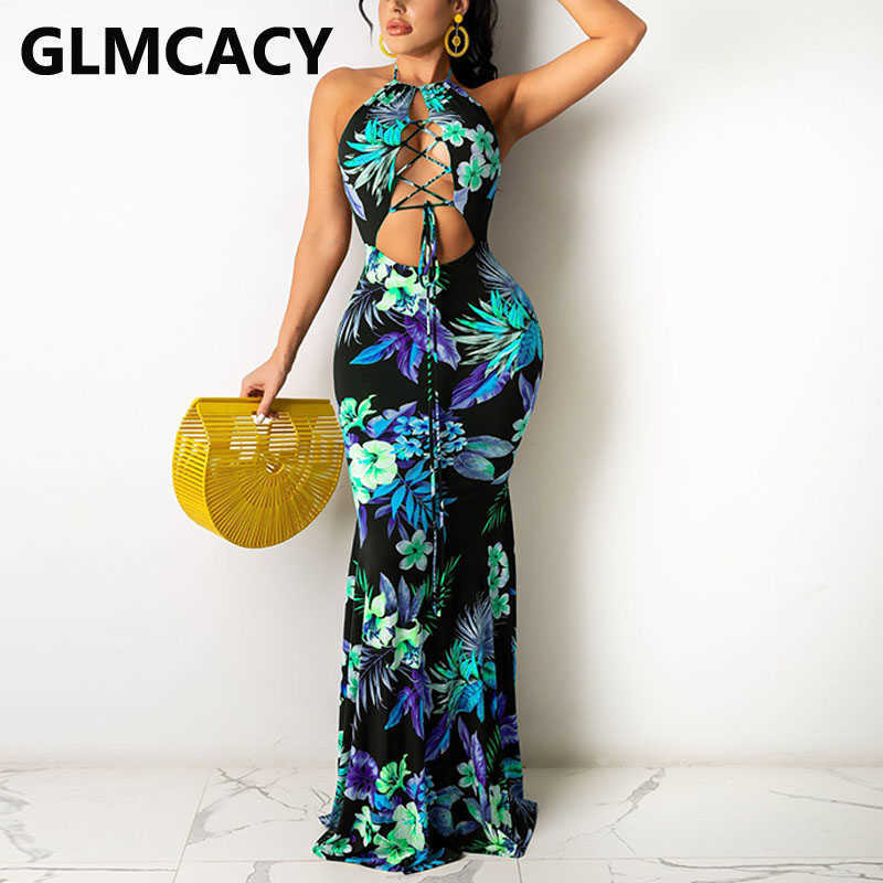 Women Halter Floral Printed Backless Sexy & Club Maxi Dress 210702