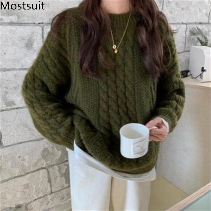 Korean Vintage O-neck Women Twisted Knitted Pullover Tops Warm Loose Long Sleeve Female Autumn Sweater Jumpers Femme 210518, Green
Korean Vintage O-neck Women Twisted Knitted Pullover Tops Warm Loose Long Sleeve Female Autumn Sweater Jumpers Femme 210518, Green