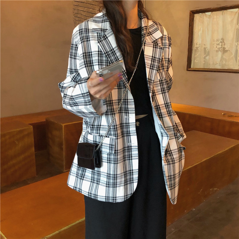 Retro Color-Hit Women Elegant Plaid Office Lady Pockets Geometric Loose High Street Sweet OL Fashion Blazers 210421