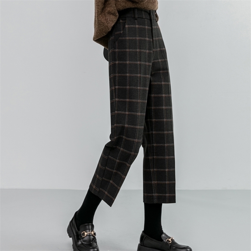 Chic Woolen Plaid Autumn Winter Women's High Waist Formal Straight Pants Loose Ankle-Length Female Boots Plus Size 211115