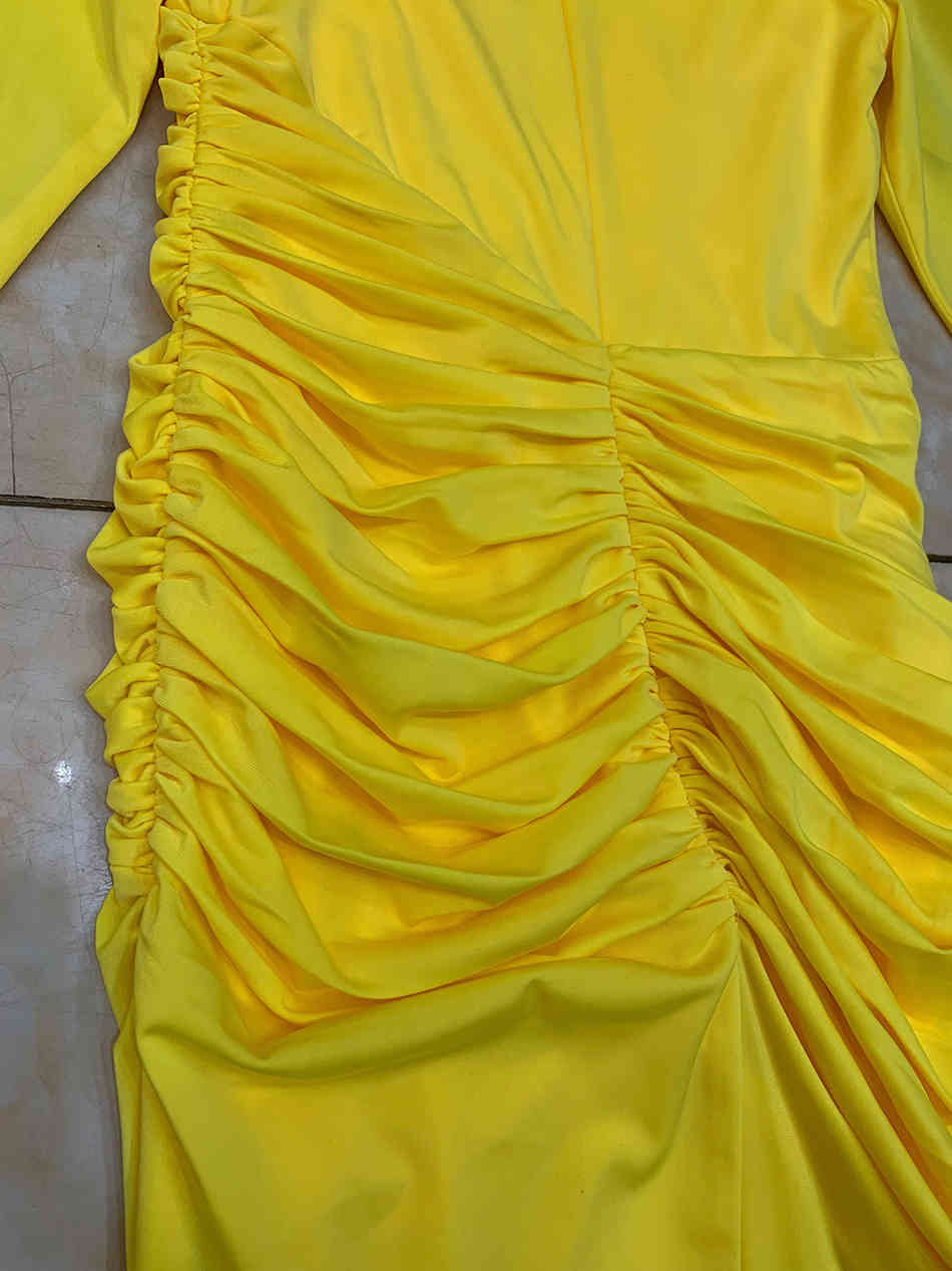 Free Women's Sexy Marx Dress Yellow V-neck Long Sleeve Bodycon Split Pleated Lace-Up Club Party Vestidos 210524