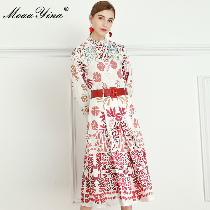 Fashion Set Spring Women's Crystal Diamond Long sleeve Blouses Tops+Belt Skirt Floral-Print Two-piece set 210524