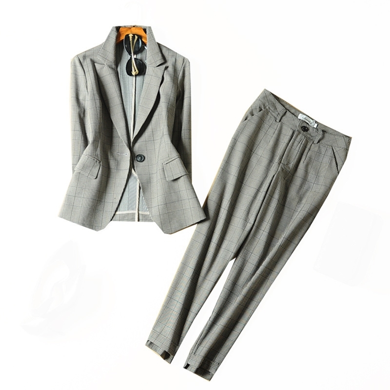 Women's office suit work set Casual high quality plaid jacket female Slim pants ladies 210527
Women's office suit work set Casual high quality plaid jacket female Slim pants ladies 210527