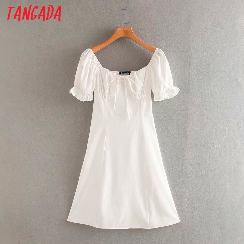 Summer Women White Bow Puff Short Sleeve Ladies Mini Dress Vestidos 4Y01 210416