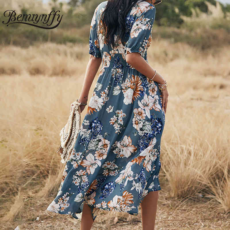 V-neck Tassel Tie Waist Short Sleeve Dresses with Button Women Summer Vacation Boho Casual Print Split Long Dress 210510