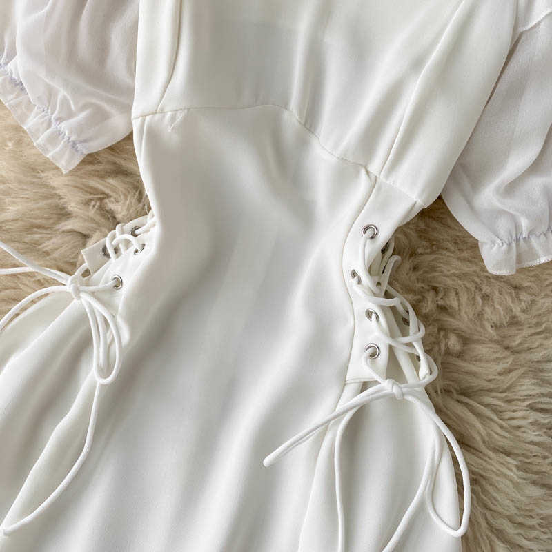 Sweet Bow-tied Short Sleeve White Mini Dress Women Elegant Summer Party Lace-up Bandage Slim A-line Female Everyday 210603