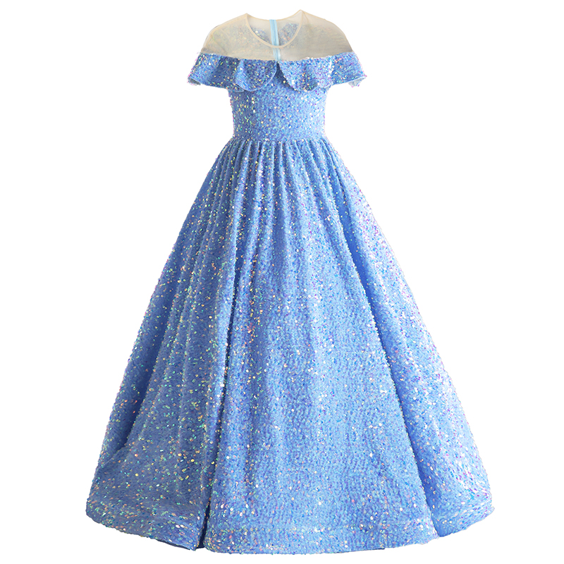 Fancy Light Sky Blue Flower Girls' Dresses Sheer Neckline Sparkling Shining Sequins Fabric Ball Gown Girl's Party Gowns