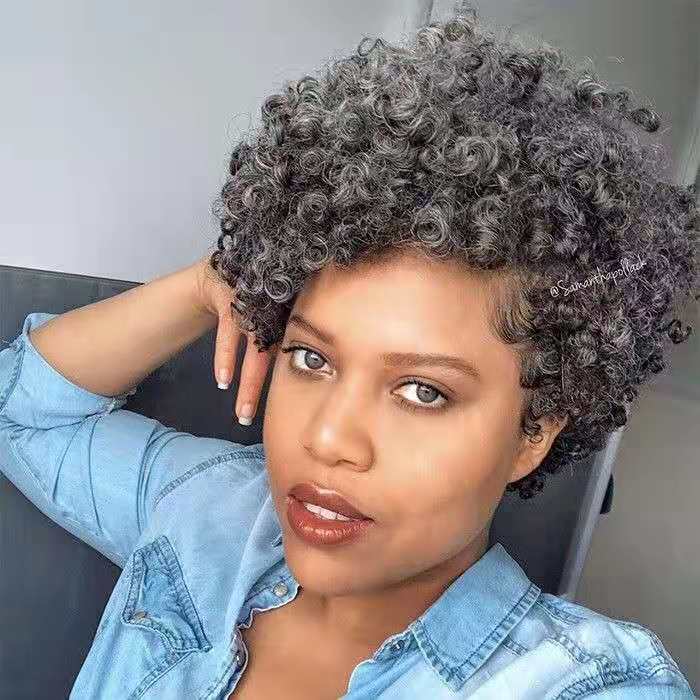 Salt and pepper natural gray ponytails updo short afro kinky women hair extension 100g 120g dark silver grey two tone mixed