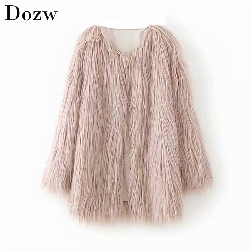 Solid Color Furry Faux Fur Coat Winter Women Warm Thicken Casual Fluffy Long Sleeve Ladies Stylish Outwear Jacket 210515