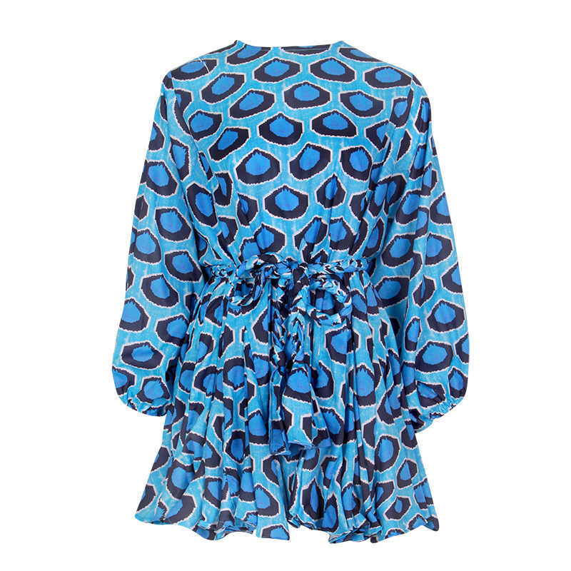 TWOTWINSTYLE Hit Color Print Dresses Women Long Sleeve O Neck High Waist Lace Up Female Dress Spring Casual Fashion 210630