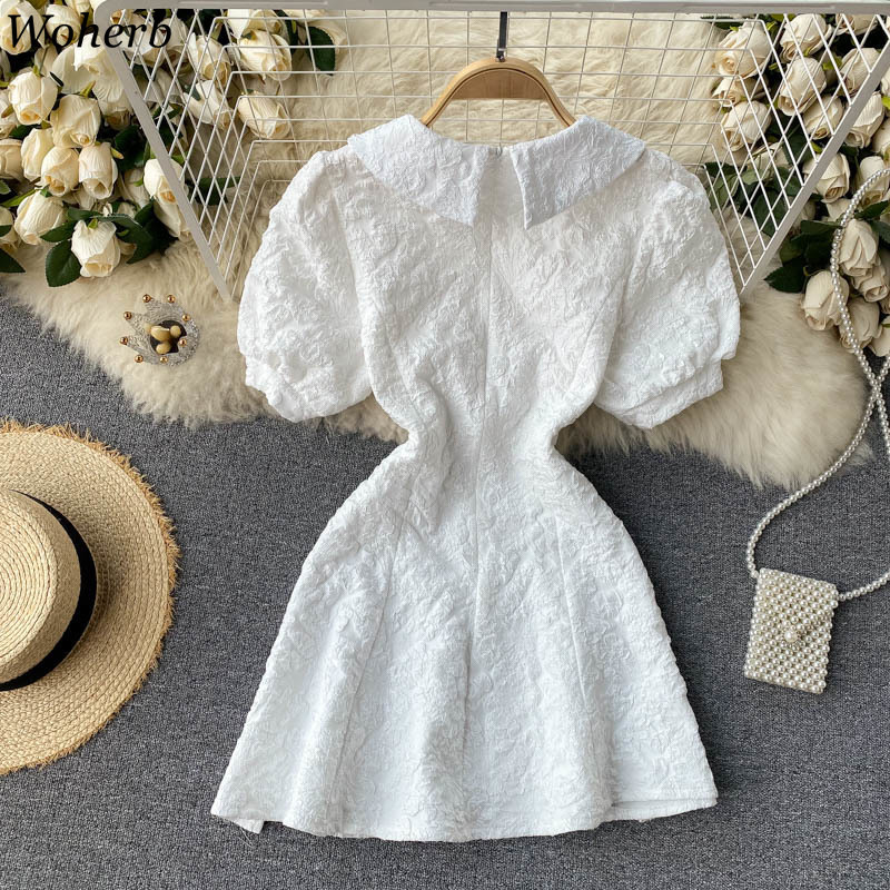 Elegant Dress Women Pearl Peter Pan Collar Puff Sleeve Mini Dresses Summer Robe Fashion Slim Waist White Vestidos 4h869 210519
