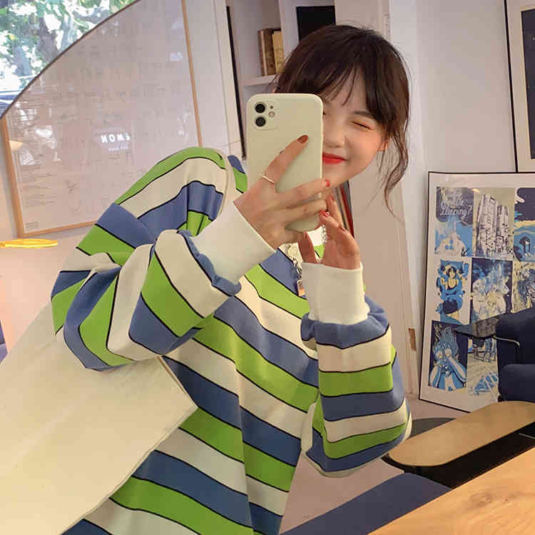 autumn korean style color patchwork Women Sweatshirts Long Sleeve stripe loose thin Sweatshirt Womens pullovers (F4101) 210423