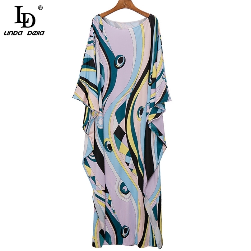 Summer Women O-Neck Geometric Print Maxi Long Dress Fashion Runway Female Loose Elegant Floor-Length Robe Gown 210522