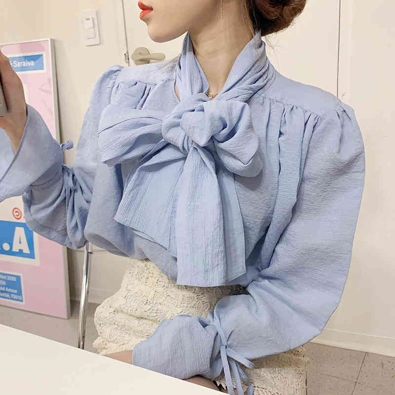 Nomikuma Womens Tops and Blouses Bow Tie Collar Flare Sleeve Shirt Spring New Causal Elegant Blusas Mujer De Moda 6E070 210427