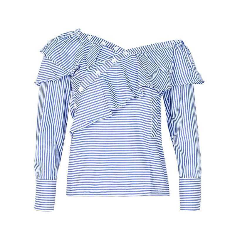 Spring Irregular Silm Blouses for Women Chic Backless Stripe Long Sleeve Shirts Fashion Ruffles Patchwork Female Tops 210525
