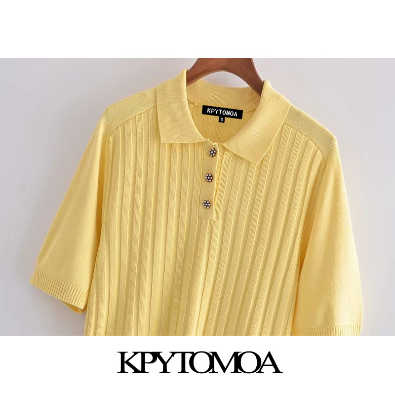 Women Fashion With Rhinestone Buttons Knitted Sweater Lapel Collar Short Sleeve Female Pullovers Chic Tops 210420