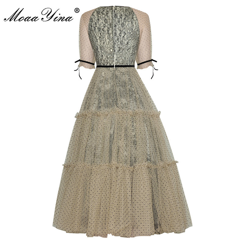 Fashion Runway Summer Elegant Party Dress Women polka dot Print Short sleeve Gorgeous Lace Splicing Mesh Midi 210524