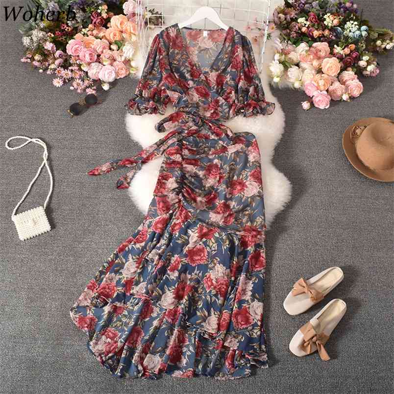 Women Clothing V-Neck Short Sleeve Crop Tops Irregular Ruffles Skirt Korean Fashion Floral Suit Two-piece Summer 210519