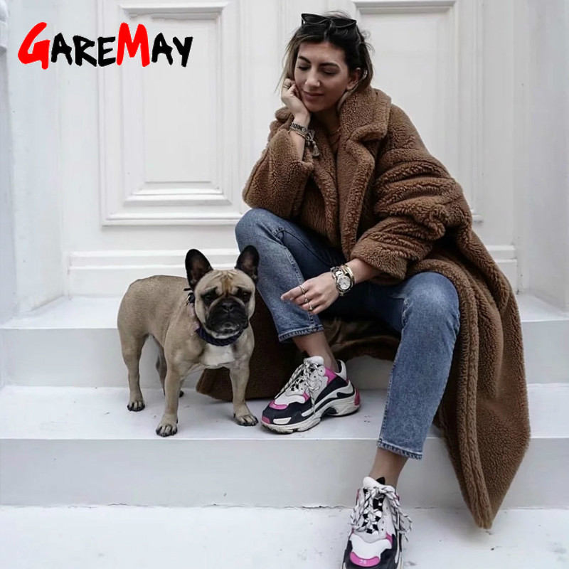 Faux Fur Coats and Jackets Women Autumn Winter Warm Thick Cashmere Mid-Calf Straight Female OverCoat Lady & Outerwear 210428