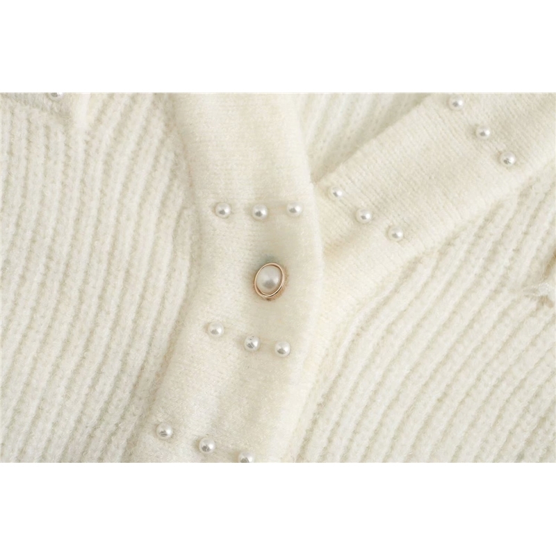 Elegant Women Pearl Sweater Coats Fashion Ladies V-Neck Knitted Tops Sweet Female Chic Solid Short Cardigans 210430