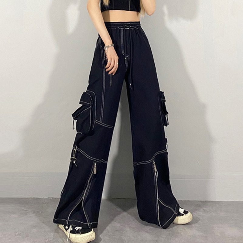 Autumn Women's Jeans Zipper High Waist Loose Casual Cowboy Cargo Pants Fashion Wide Leg Denim Trousers ZC247 210427